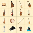 Percussion, wind and string musical instruments, microphone and metronome instrument. Vector set.
