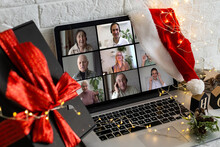 Family Online Video Conference, Christmas Greetings. Virtual Call Through Screen Of Laptop