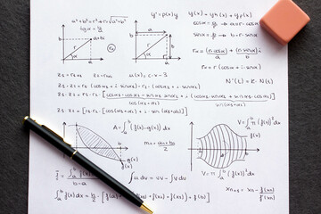 Sheet of paper with science background and math formulas written by hand with pen and eraser.