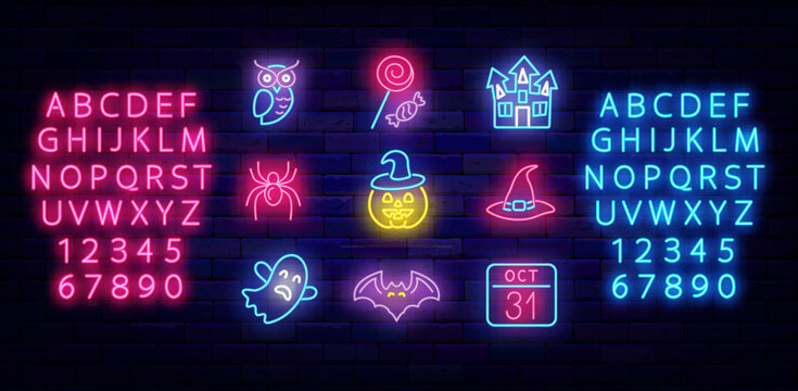 Happy Halloween neon icons collection Pumpkin, owl and ghost. Witch hat and spider. Vector stock illustration