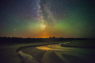 Wall Mural - Night landscape with colorful Milky Way and a river