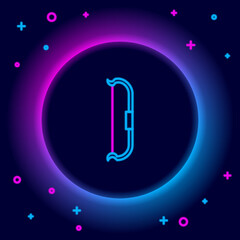 Sticker - Glowing neon line Medieval bow icon isolated on black background. Medieval weapon. Colorful outline concept. Vector