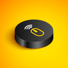 Poster - Isometric line Wireless computer mouse system icon isolated on yellow background. Internet of things concept with wireless connection. Black circle button. Vector