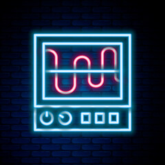 Sticker - Glowing neon line Oscilloscope measurement signal wave icon isolated on brick wall background. Colorful outline concept. Vector