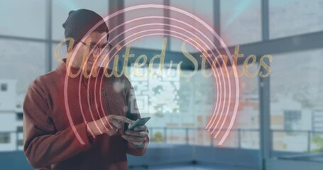 Poster - Animation of united states text and qr code over caucasian man using smartphone