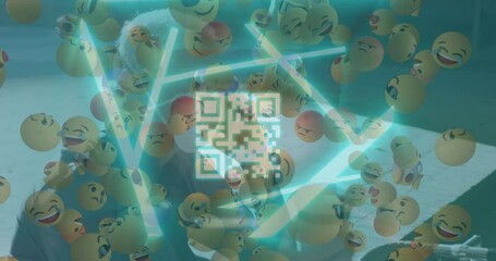 Poster - Animation of emoji icons and qr code over caucasian man using smartphone