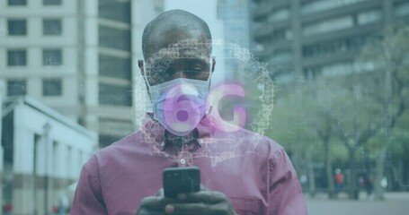 Poster - Animation of 6g text and brain over african american man using smartphone