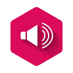 Sticker - White Speaker volume, audio voice sound symbol, media music icon isolated with long shadow. Pink hexagon button. Vector