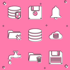 Poster - set database protection, floppy disk, ringing bell, delete folder, and cloud database icon. vector