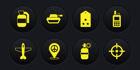 Poster - set plane, walkie talkie, location peace, hand grenade, military rank, tank, target sport and icon. 