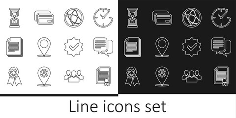 Canvas Print - Set line Certificate template, Chat, Social network, Map pin, Document, Old hourglass, Approved and check mark and Credit card icon. Vector