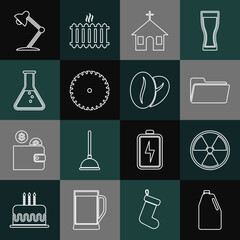 Poster - Set line Household chemicals bottle, Radioactive, Folder, Church building, Circular saw blade, Test tube and flask, Table lamp and Coffee beans icon. Vector