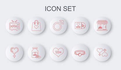 Sticker - Set line Male and female heart, Female gender, symbol, Silicone ball gag, Sex tv old television, Shopping bag with, Bottle pills for potency and 18 plus content icon. Vector