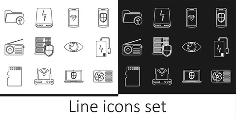 Wall Mural - Set line Air conditioner, Power bank, Smartphone with wireless, Server shield, Radio, Download arrow folder, Eye and icon. Vector