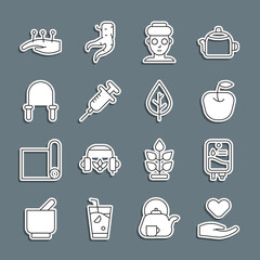 Wall Mural - Set line Heart in hand, IV bag, Apple, Facial cosmetic mask, Syringe, Jump rope, Acupuncture therapy and Leaf icon. Vector