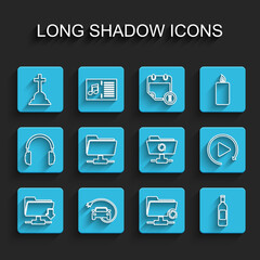 Poster - Set line FTP folder download, Electric car, Tombstone with cross, sync refresh, Bottle of wine, Video play button and icon. Vector