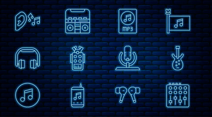 Poster - Set line Sound mixer controller, Electric bass guitar, MP3 file document, Microphone, Headphones, Ear listen sound signal, and Home stereo with speakers icon. Vector
