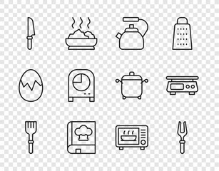 Poster - Set line Fork, Barbecue fork, Kettle with handle, Cookbook, Knife, Kitchen timer, Microwave oven and Electronic scales icon. Vector