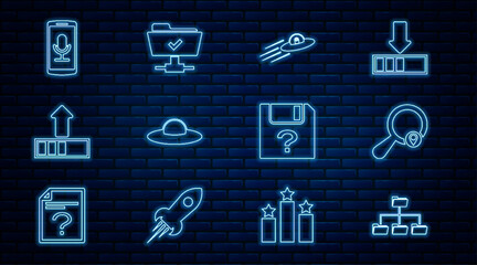 Poster - set line folder tree, search location, ufo flying spaceship and alien, loading, mobile recording, un