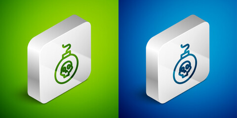 Poster - Isometric line Bomb ready to explode icon isolated on green and blue background. Silver square button. Vector