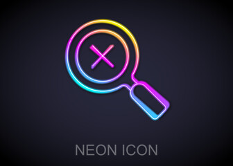 Canvas Print - Glowing neon line Magnifying glass and delete icon isolated on black background. Search, focus, zoom, business symbol. Vector