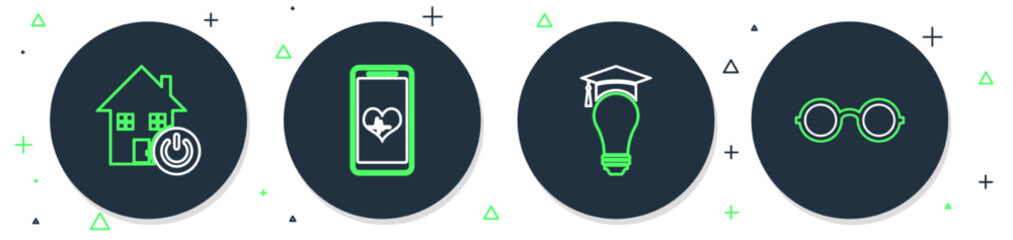 Sticker - Set line Mobile with wi-fi wireless, Light bulb and graduation cap, Smart home and Glasses icon. Vector