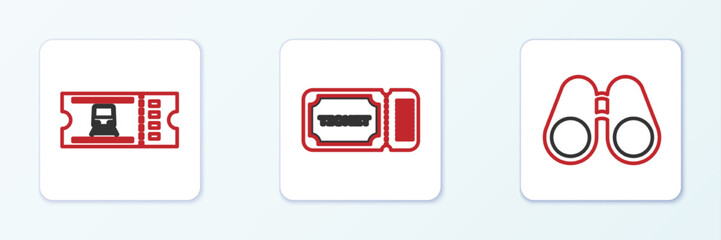 Poster - set line binoculars, train ticket and ticket icon. vector