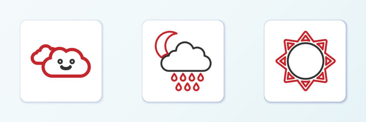 Poster - Set line Sun, Cloud and with rain and moon icon. Vector