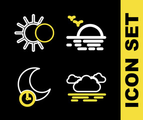 Poster - Set line Sunset, Cloud, Sleeping moon and Eclipse of the sun icon. Vector