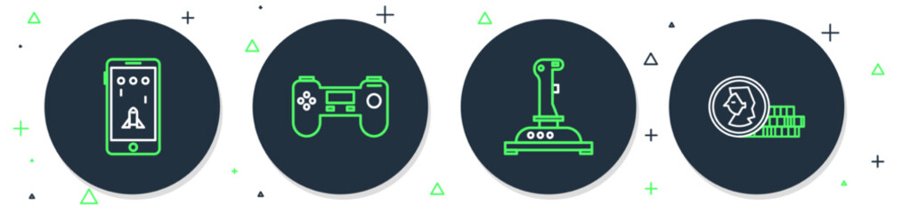 Sticker - Set line Gamepad, Joystick for arcade machine, Mobile and playing game and Coin icon. Vector