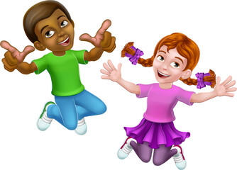 Poster - Two kids, girl and boy, cartoon character children jumping for joy