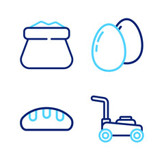 Poster - Set line Lawn mower, Bread loaf, Chicken egg and Full sack icon. Vector