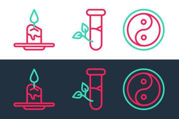 Wall Mural - Set line Yin Yang, Aroma candle and Laboratory glass leaves icon. Vector