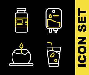 Sticker - Set line IV bag, Fresh smoothie, Aroma candle and Collagen serum icon. Vector