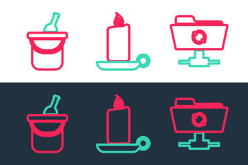 Sticker - Set line FTP sync refresh, Bottle of wine in bucket and Burning candle candlestick icon. Vector