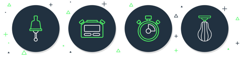 Poster - set line stopwatch, ringing bell and punching bag icon. vector