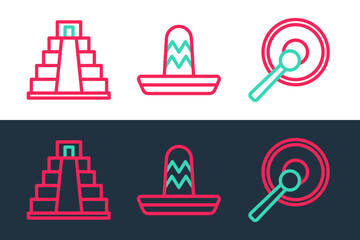 Poster - Set line Gong, Chichen Itza in Mayan and Mexican sombrero icon. Vector