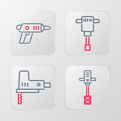 Sticker - Set line Electrical hand concrete mixer, jigsaw, Construction jackhammer and cordless screwdriver icon. Vector