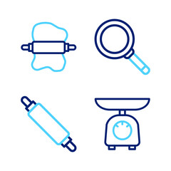 Poster - Set line Scales, Rolling pin, Frying pan and on dough icon. Vector