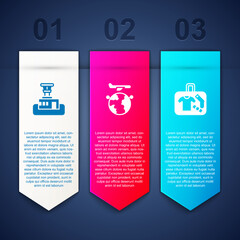 Sticker - Set Airport control tower, Globe with flying plane and Suitcase. Business infographic template. Vector