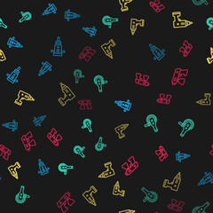 Poster - Set line Construction jackhammer, Angle grinder, Electric cordless screwdriver and Paint spray gun on seamless pattern. Vector