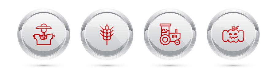 Sticker - Set line Scarecrow, Wheat, Tractor and Pumpkin. Silver circle button. Vector