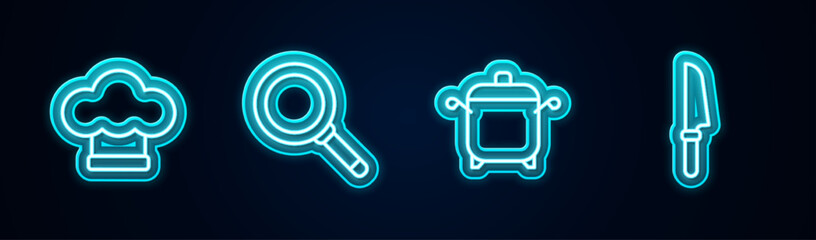 Sticker - Set line Chef hat, Frying pan, Cooking pot and Knife. Glowing neon icon. Vector