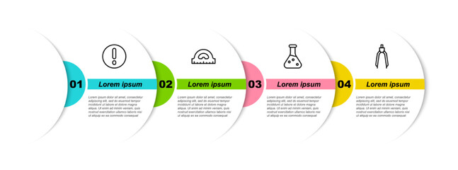 Sticker - Set line Speech bubble and Exclamation, Protractor grid, Test tube and Drawing compass. Business infographic template. Vector