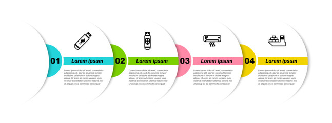 Poster - Set line USB flash drive, and shield, Air conditioner and Cargo ship. Business infographic template. Vector