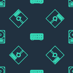 Poster - set line retro flip clock, floppy disk in the 5.25-inch and hard drive hdd on seamless pattern. vect