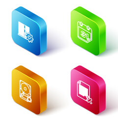 Poster - Set Isometric line Server setting, Calendar, Hard disk drive HDD sync refresh and Delete file document icon. Vector