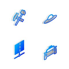 Poster - set isometric line ufo flying spaceship, two crossed hammers, server, data, web hosting and taxi car
