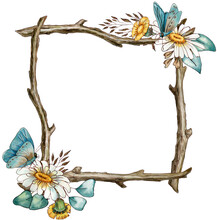 Watercolor Illustration, Square Frame Of Driftwood And Flowers. 