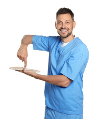 Wall Mural - Handsome male orthopedist showing insole on white background